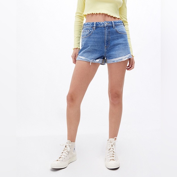 PACSUN High Rise Distressed Denim Medium Wash Relaxed Fit Mom Shorts Size 29 - Picture 1 of 11